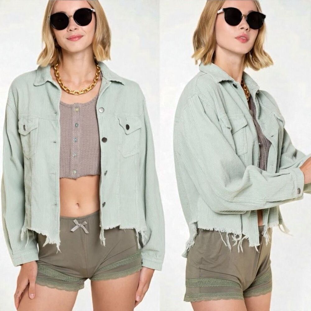 POL Sage Corduroy Shacket Layering Jacket Raw Hem Button Down Green Large NEW - Picture 3 of 9